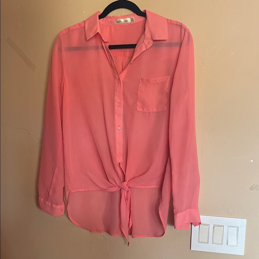 Liberty Love Coral Tie-Front Sheer Button-Down Blouse